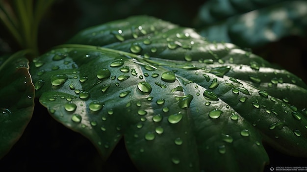 Gotas de agua en una hoja verde Imagen generada por Ai