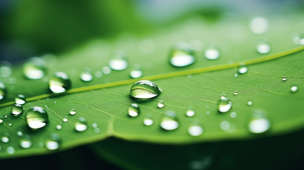 Gotas de agua en una hoja verde.