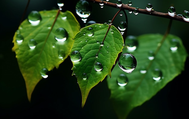 Gotas de agua en las hojas de un árbol después de la lluvia