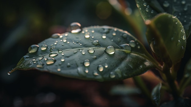 Gotas de agua en las hojas después de la lluvia en la mañana generativa ai