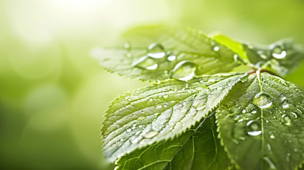 Gotas de agua en hojas con fondo verde