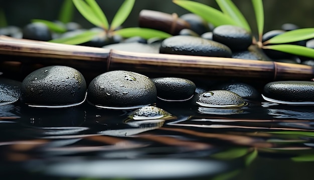 Gotas de agua de hojas húmedas de guijarros lisos generadas por la IA