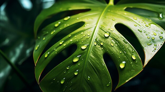 Gotas de agua de hojas de monstera abigarradas en el primer plano extremo de la hoja