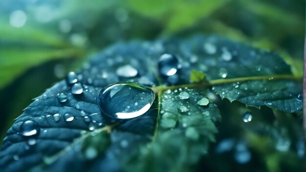 Gotas de agua en las hojas en la naturaleza macro Muchas gotas de rocío matutino brillan en la luz del sol