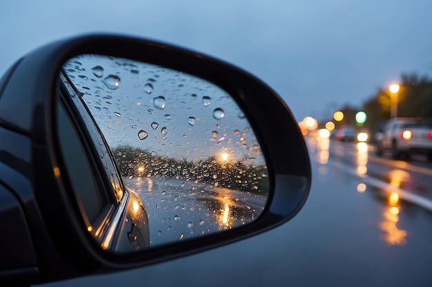 Gotas de agua lloviendo en el espejo del coche por la noche