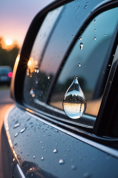 Gotas de agua lloviendo en el espejo del coche por la noche