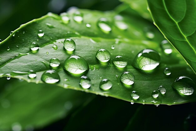 Gotas de agua de lluvia en la hoja verde hermosa ilustración imagen IA generativa