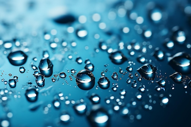 Gotas de agua y lluvia sobre el vidrio vista abstracta Gotas de lluvia sobre el fondo de vidrio azul IA generativa