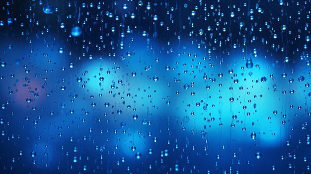 Las gotas de agua de lluvia en una superficie metálica en luz azul neón