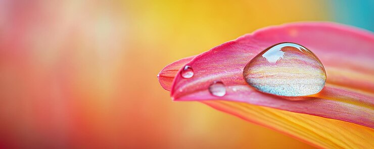 Gotas de agua macro cristalinas en pétalos de flores vibrantes con espacio para copiar