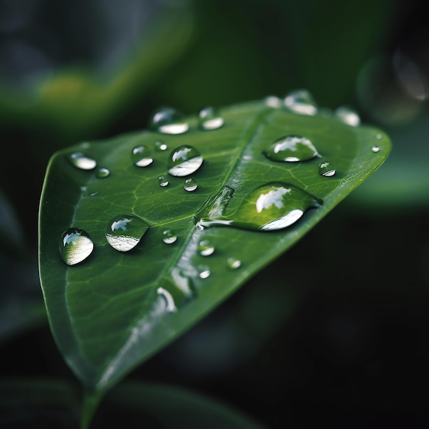 Gotas de agua macro sobre el concepto de resorte de hoja verde IA generativa