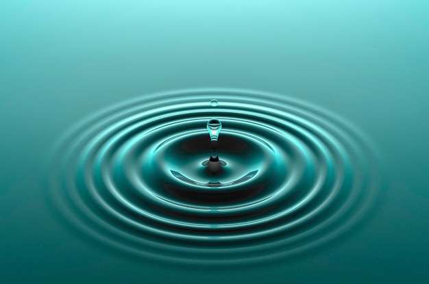 Gotas de agua o gotas de lluvia que caen en la superficie del agua salpicaduras onduladas líquidas en la luz solar con imagen macro de reflexión Ilustración 3D de fondo abstracto
