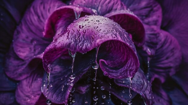 Foto gotas de agua en el penacho de textura púrpura