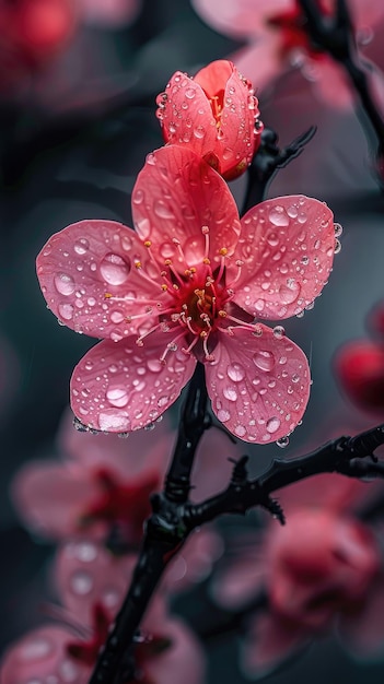 Gotas de agua en los pétalos de las flores rojas