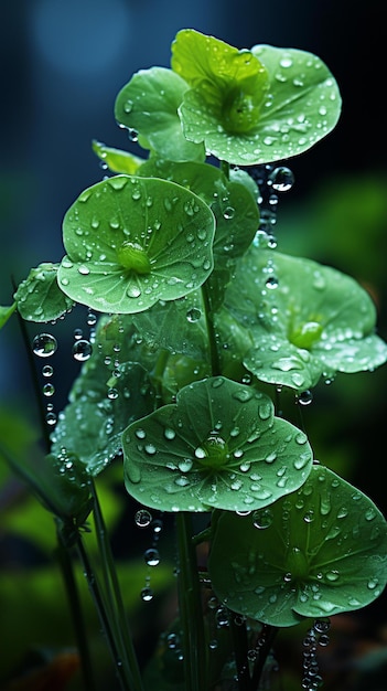 Gotas de agua en una planta bajo la lluvia