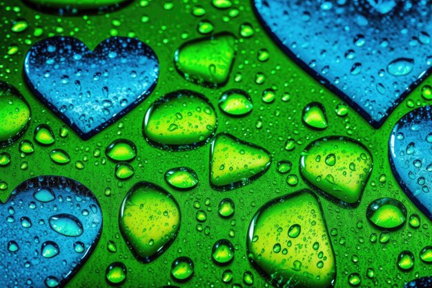 Gotas de agua de primer plano sobre una superficie verde IA generativa