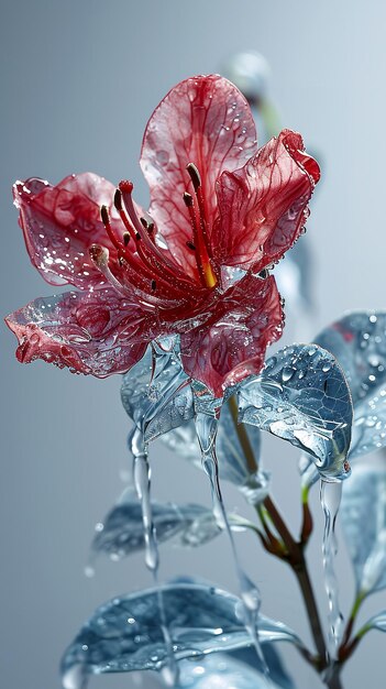 Gotas de agua que adornan una flor carmesí hermosa flor aislada en un fondo blanco IA generativa