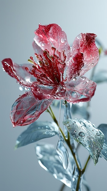 Gotas de agua que adornan una flor carmesí hermosa flor aislada en un fondo blanco IA generativa