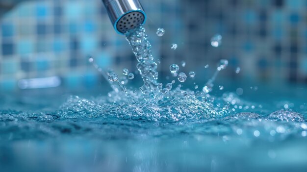 Gotas de agua que salen del grifo de agua en fondo azul con savia de copia