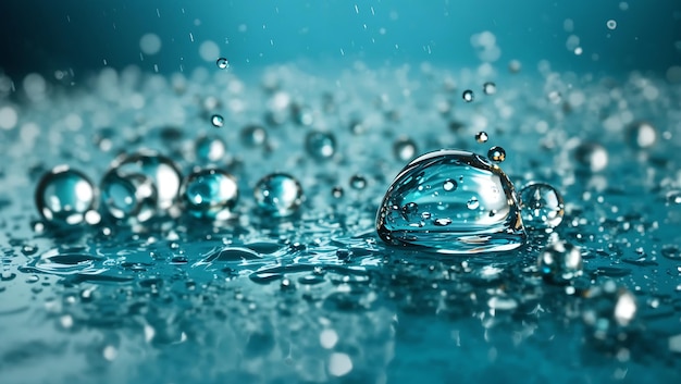 Gotas de agua realistas en papel tapiz de diseño de fondo cian generado por IA