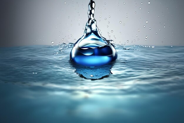 Gotas de agua salpicadas en un gradiente azul de primer plano de agua de color azul