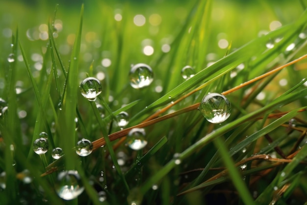 Gotas de agua sobre el césped de una manguera con fugas creada con IA generativa