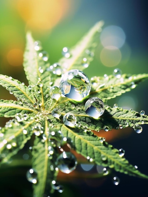 gotas de agua sobre una hoja con un fondo borroso.