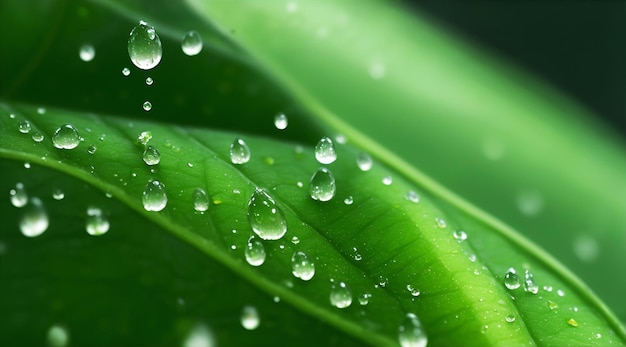 Gotas de agua sobre la hoja verde macro cerrar fondo natural