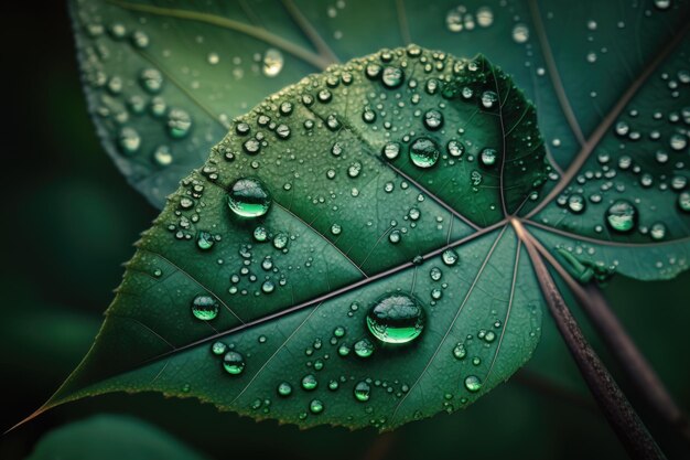 Gotas de agua sobre una hoja en verde