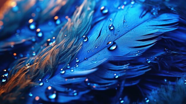 Gotas de agua sobre plumas en colores azules