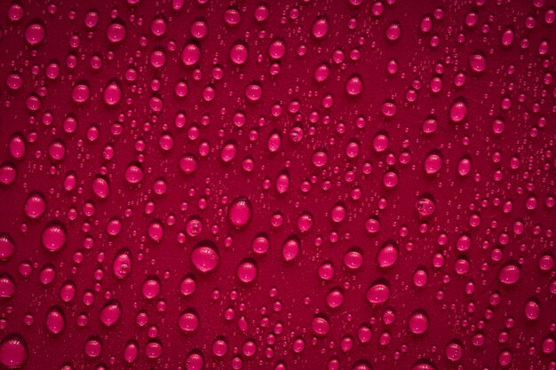 Foto gotas de agua sobre la superficie de color rojo oscuro. foto macro, gota, base de plástico de sombra.