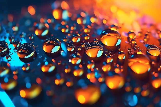 Gotas de agua sobre una superficie con un fondo azul y naranja