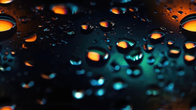 Gotas de agua sobre una superficie negra con un fondo azul