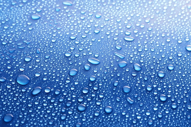 Gotas de agua sobre vidrio sobre fondo azul.