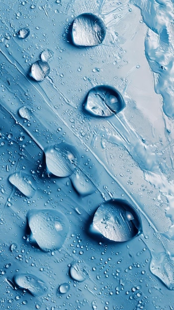 Gotas de agua en una superficie azul