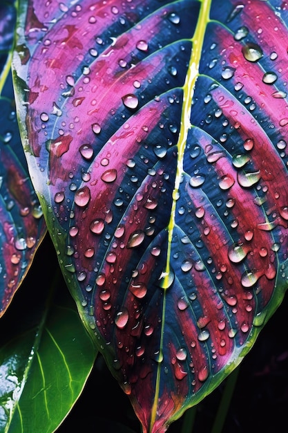 Gotas de agua en una superficie de hoja vibrante creada con ai generativo