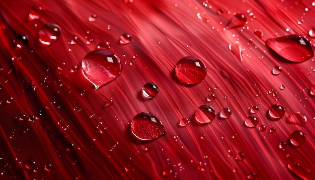 Gotas de agua en una superficie roja con gotas de agua