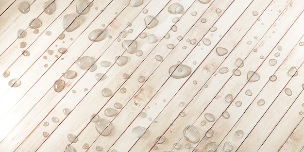 Gotas de agua en tablones de agua de lluvia en el piso de grano de madera después de la textura de fondo de lluvia 3D