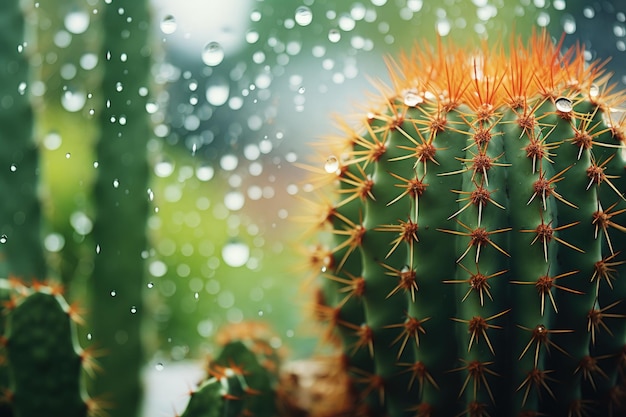 Gotas de agua en una ventana con un cactus oscurecido