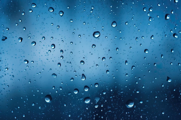 Gotas de agua en el vidrio con fondo azul Gotas de lluvia en la ventana