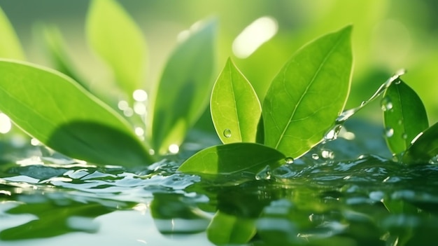 Gotas de agua vistas sobre hojas verdes frescas IA generativa