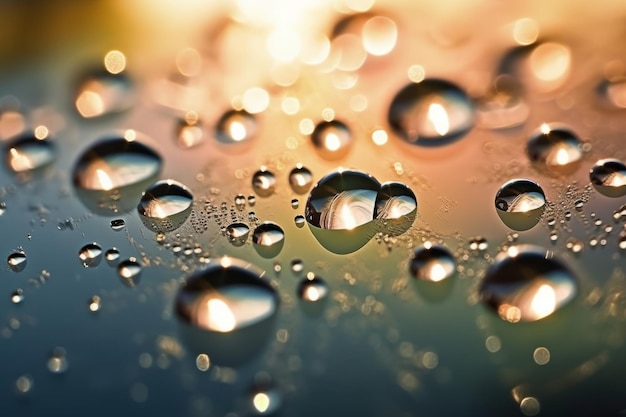 Gotas de água a brilhar à luz do sol criadas com tecnologia de IA generativa.