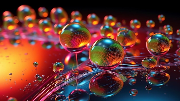 Gotas de água coloridas de óleo com reflexo em fundo preto Fotografia macro