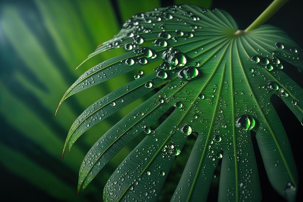 Gotas de água contra um fundo natural puro de uma folha de palmeira verde