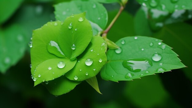 Gotas de água da chuva em folha verde close-up fundo natural