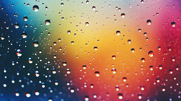 gotas de água da chuva em um painel de janela de vidro com luz arco-íris no fundo