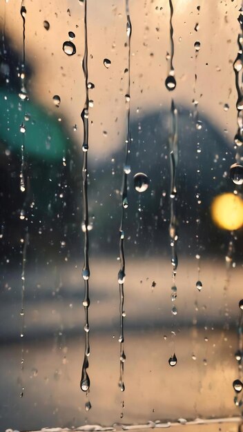 Gotas de água da chuva em um vidro da janela desfocado