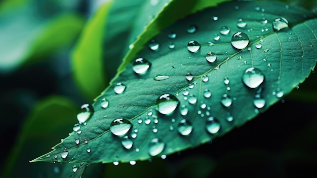 Gotas de água da chuva na folha verde escura macro tiro lindo fundo natural Ai generativo