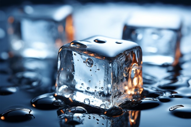 Gotas de água dançam em cubos de gelo criando um espetáculo refrescante