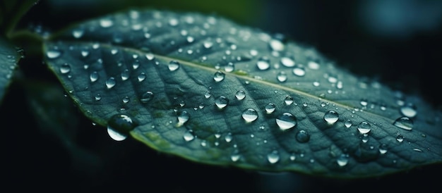 Gotas de água de chuva transparente em uma imagem gerada por IA de macro de folha verde
